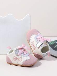 YIBUBU 粉色婴儿鞋，女婴鞋，粉色和灰色配色，芭蕾式蝴蝶结，软底防滑，新生儿鞋，学步鞋
