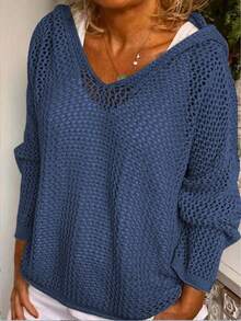 Damen Pullover mit Kapuze und Hohlmuster, vielseitiger Strickpullover mit Langarm, geeignet für Halloween und Weihnachten