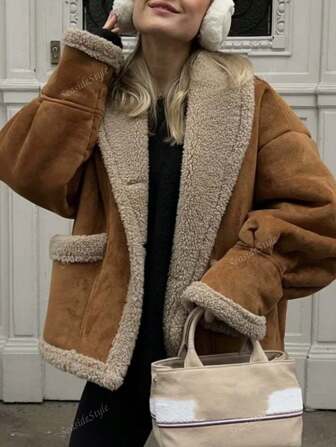 1 Peça Jaqueta Feminina Vintage de Gola Virada, Solta, Mistura de Lã e Falso Pelo, Outono/Inverno