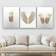 3 Stücke goldene Federn Engelsflügel moderne Poster Wandkunst, Bilder, Leinwandmalerei, ideal als Geschenk für Raumdekoration Wohnheim, Badezimmerdekoration, ohne Rahmen 50x70cm