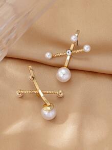 1 Pair Women's Unique Geometric Cross Faux Pearl Stud Earrings, Fashion Accessories