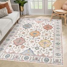 Tapis de salon, lavable en machine, style vintage, antidérapant, doux et fleuri, pour chambre, cuisine, couloir, bureau - Beige - Voir 7