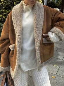1 Peça Casaco Feminino Vintage de Lã Solta com Gola de Pele, Outono/Inverno