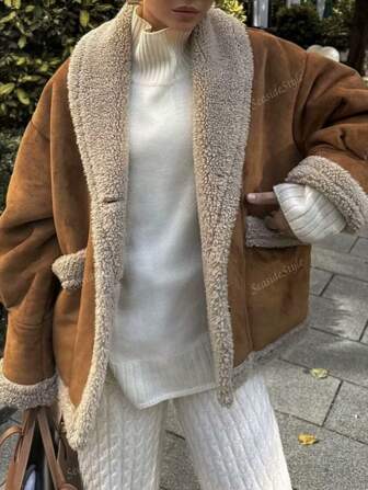 1 Pcs Women's Vintage Lapel Loose Wool And Fur Mixed Jacket