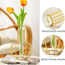 1pc Transparent Glass Vase - With Wrought Iron Frame, Suitable For Hydroponics Planter, Decorative Planter, Geometric Shape, Unique Test Tube Vase, Can Be Used As Dining Table/Desk/Fireplace Decor - Bohemian Home Decor - Wedding Party Decor - Farmhouse Style Planter - Luxury Housewarming Gift - Modern Floral Base, Back To School Room Decor, Stationery Glass Vase - Gold - View 9