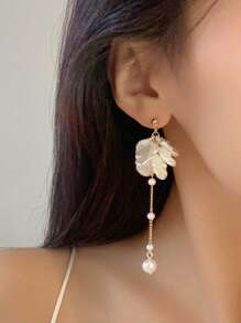 Brincos De Corrente Pérola Falsa Floral Estilo Coreano Com Pingente, Acessórios De Orelha Elegantes E Doces Para Meninas