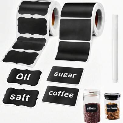 1pc Reusable Waterproof Black Chalkboard Label Sticker With White Chalk, For Mason Jars, Craft Rooms, Storage Spaces, Glass Bottles, Shop Organization, Home & Kitchen Items, Party Favors