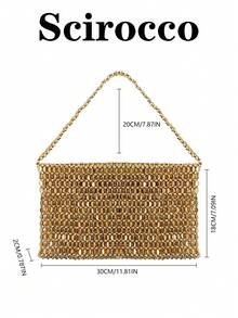 手工银色亮片扁珠手提包、腋下包、亮银编织手提包、新娘信封包、晚会手提包 - 金色 - 查看 8