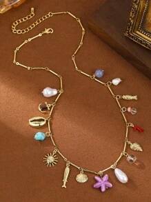 1pc Women's Fashion Jewelry, Ocean Themed Chain Necklace With Colorful Starfish, Seashell, Lobster Pendant, Suitable For Summer Beach Vacation, Beach Party And Daily Wear. Packaged In Velvet Bag