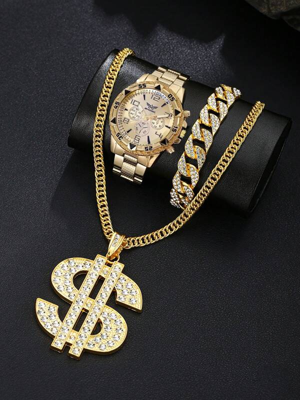 3pcs Hip Hop Fashion Wristwatches, Fashion Metal Chain Teenage Alloy Big Dial Business & Outdoor Watch, Students