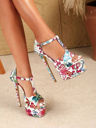 Women's High Heel Fashion Sandals, Printed Buckle Open Toe Waterproof Platform 16cm Sexy Stiletto High Heel Fashion Shoes, Size 35-42
