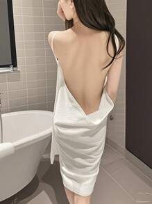 1 peça de robe sexy branco feminino, robe lingerie para casais, vestido roupão supermacio sem costas, robe com alças finas para uso doméstico, lavável à mão e na máquina, minimalista e confortável, robe leve de verão, toalha branca com alças finas, refrescante, respirável, material de poliéster, comprimento 170 cm/66,93 pol., largura 70 cm/27,56 pol.