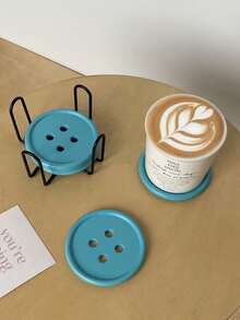 1 套 6 件原创彩色纽扣杯垫，多巴胺主题圆形木质杯垫，带十字铁架，优雅咖啡杯垫，适用于家居装饰、餐厅、酒店、咖啡店、客厅餐桌杯垫架、礼物 - 彩色 - 查看 5