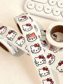 Sanrio Rollo de 500 piezas de pegatinas de Sanrio Hello Kitty - Pegatinas mate de colores reutilizables, aptas para scrapbooking, envoltorios de regalo, recuerdos de fiesta, manualidades DIY - Diseño de dibujos animados lindos con lazo rojo y detalles de bigotes, pegatinas para recuerdos de fiesta | Pegatinas de colores | Cinta decorativa Útiles escolares, Vuelta al cole