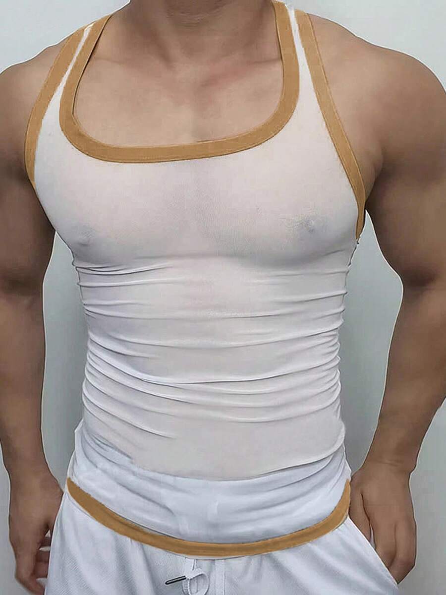 Men Workout Tank Top, Sleeveless U Neck Sheer Tops Bodybuilding Workout Gym Summer Athletic Vest - 白色 - 查看 1