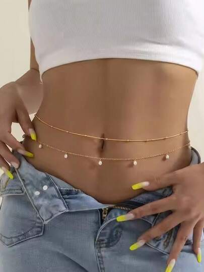 2pcs/Set Sexy Women's Double Layer Tassel Waist Chain,Fashionable Women's Faux Pearl Round Beads Pendant Body Chain,Golden/Silvery Color Alloy Material Body Jewelry For Choose,Goth Punk Style,Suitable For Beachwear, Sexy Lingerie Accessories, Pants,Bikini,Rave Accessories, Parties Celebration Accessories, Christmas, Date Night ,Halloween,Thanksgiving ,Nightclub,Wedding,Bride,Dresses,Cosplay,Festival Accessories,Pride Accessories