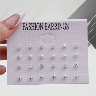 12 对几何多元素水晶和人造珍珠耳钉套装，适合日常佩戴