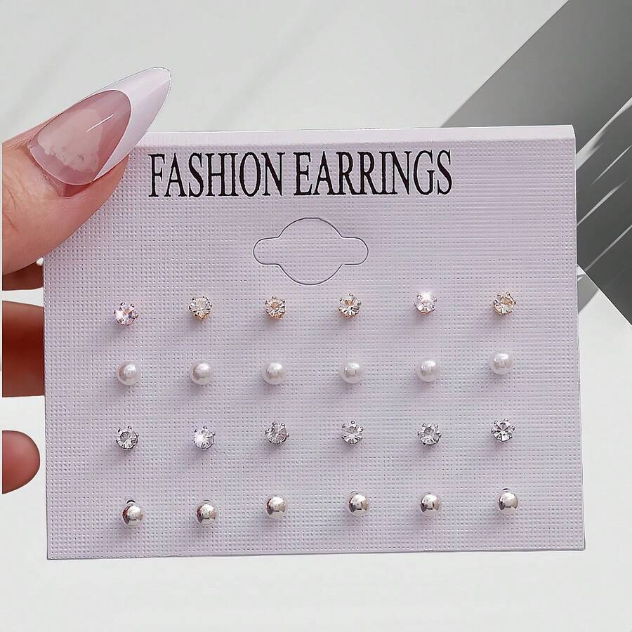 12 对几何多元素水晶和人造珍珠耳钉套装，适合日常佩戴