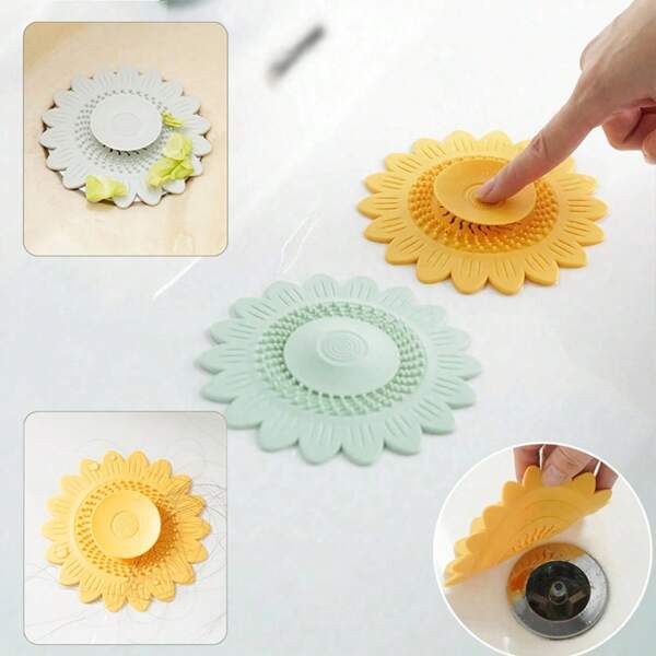 4pcs Flower Shape Push-Type Shower Drain Hair Catcher, Silicone, Drain Sink / Floor Drain Cover / Drain Plug / Odor Resistant Drain Filter For Bathtub, Sink, Kitchen, Bathroom Accessories (4 Random Colors)