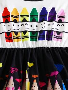 1 件女童休闲学校季节彩色铅笔印花图案 + 下摆彩色铅笔印花连衣裙，户外春夏 - 彩色 - 查看 5