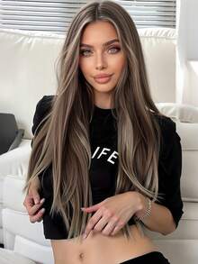 13x4 High Definition Transparent Lace Front Wig - 30 Inch Synthetic Heat Resistant Fiber Long Straight Brown Hair Wig, Comfortable & Breathable - Suitable For Daily Wear, Parties, Creating Elegant Feminine Looks (Due To Differences In Individual Display Devices And Variations Between Natural And Indoor Lighting, There Might Be A Slight Color Variation Between The Picture And The Physical Item.) - Brown Ombre - View 3