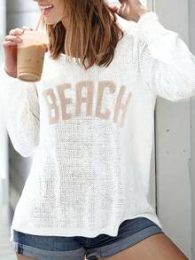 Women Sweater, Women Vacation Round Neck Pullover Sweater, Knit Apparel, Solid Color, Comfortable For All Seasons, Summer Women Clothing - 白色 - 查看 3