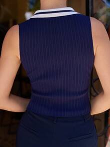 Andrea Bello Women's Business Casual Polo Collar Contrast Color Knit Sleeveless Vest Top