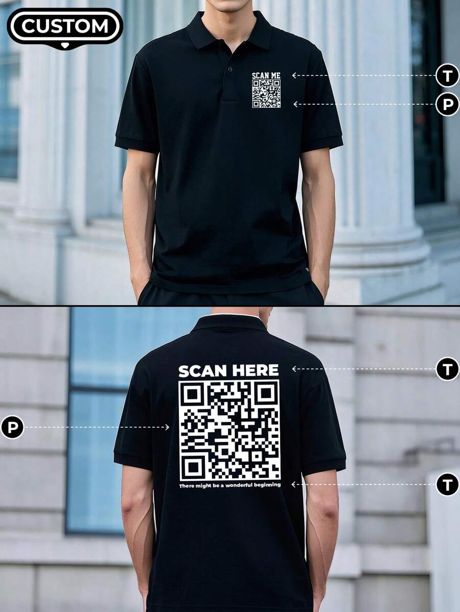 Customized Personalized Men's Polo Shirts. You Can Add Text On Both The Front And Back. Creative And Interesting Code, "SCAN HERE", Custom T-Shirts.