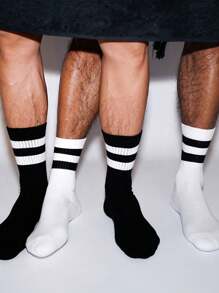 1/2/6/8 pares de Calcetines deportivos para hombre con dos rayas, negros y blancos. Calcetines altos de tubo medianos, también adecuados para mujeres