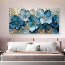 1 peça de pintura a óleo em tela com flores azuis, fundo abstrato com enfeites de flores azuis. Adequado para sala de estar, quarto, escritório, bar, decoração de parede de hotel, pôster floral moderno, decoração de casa, artes de parede em estilo moderno, pôsteres sem moldura.