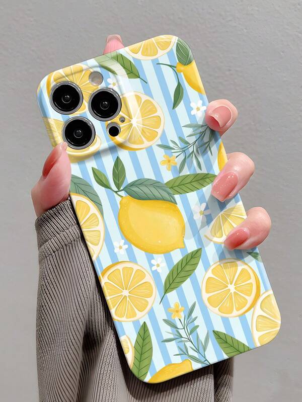 1pc Ins-Style Lemon Flower Leaf Pattern Glossy Perforated Hard Phone Case For Iphone11/12/13/14/15/16pro Max