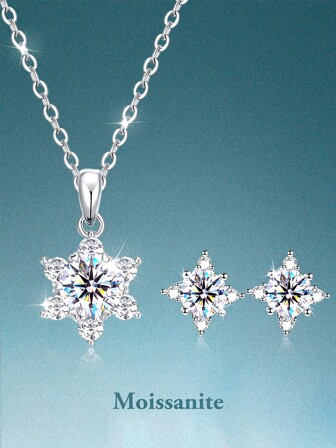 rainonme 3 Pcs Set Snowflakes 2 Carat Moissanite Necklace And Earrings For Women Sterling Fashionable Classic Wedding Jewelry Set, High-Quality Women's Necklace Jewelry, Women's Earrings Low Allergy, Ideal Choice For Daily Wear And Vacation, Exquisite Birthday Gift, Engagement Wedding Anniversary Birthday Christmas Gifts Special Occasions Day Gift, Sparkling Gorgeous Jewelry, Graduation Seasons Gifts, 2025 Summer Beach Vacation Style Jewelry