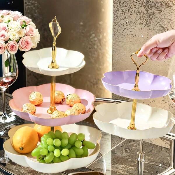 Elegante, met goud afgewerkte, 3/2-laagse kunststof taartstandaard - duurzaam bloemenrandontwerp, modieuze dessertdisplay - geschikt voor decoratieve service, bruidstaartdecoratie, verjaardag, theekransje, snoeprek, sieradenorganizer en voedseldisplaystandaard