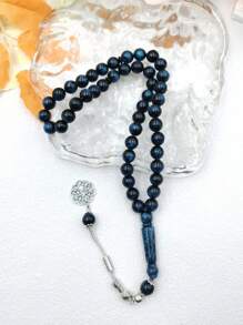 Pulseira estilo Tasbih azul escuro de imitação de âmbar de alta qualidade para mulheres, 1 peça e 45 peças