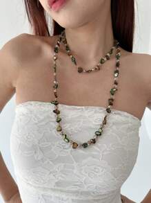 1pc Vintage Versatile Elegant Handmade Natural Shell & Crystal Beaded Long Sweater Chain Necklace