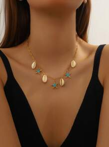 1 Set süße Cartoon Tropfenöl blau Seestern Anhänger Muschel Edelstahl Kette Schmuckset Ohrringe Halskette