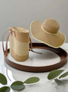 1 Set Straw Hat + Straw Bag, Large Brim Edge Sun Hat, Foldable Korean Style Summer Beach Hat, Sun Protection Face Cover, Straw Tote Bag, Outdoor Travel Accessories