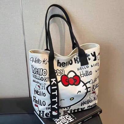  Bolso grande de Hello Kitty para mujer, bolso de lona de Hello Kitty de Sanrio, bolso de hombro con diseño lindo de KT, bolso versátil de dibujos animados, bolso grande de capacidad para viajes, vuelta al colegio y uso diario