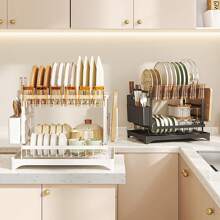 2 Tiers Dish Drying Rack Plate Bowl Cup Utensil Drainer Tray Cutting Board Pot Lid Holder Cutlery Storage Basket Kitchen Sink Countertop Organizer Adjustable Drain Pipe