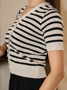 Andrea Bello Striped Button Through Cardigan,Short Sleeve Tops Summer - Multicolor - View 6