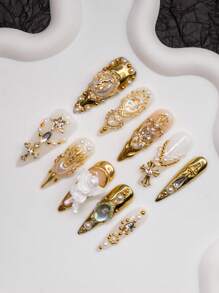 Spring/Summer Y2K Almond-Shaped Handmade Press-On Nails, Nude, Gold, White Nail Tips With French Edge, Irregular Metallic Liquid Design, Beads, Hearts, Pearls, Gems, Crosses, Rhinestones, Angel Decors. 10pcs/Set, 3 Size Options. Suitable For Party, Formal Occasions, Daily Wear. Includes Nail Tool Kit. Great Gift For Women & Girls.