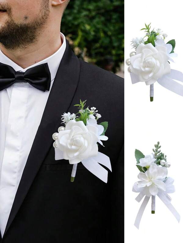 2PCS Wedding Groom White Corsage And Boutonniere, Rose Boutonniere For Men Wedding, Prom Artificial Flower Corsage , Homecoming Corsage, Flowers Accessories Prom Suit Decorations