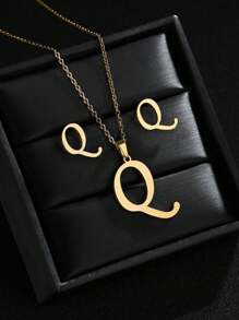 1 Set A-Z Stainless Steel Initial Necklace And Stud Earrings Jewelry Sets Alphabet Letter Pendant Chain Accessories Gifts