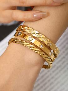 TONSI 1pc Elegant, Charming, Personalized Luxury, Simple, Fashionable, Minimalist, Vintage, High-End Stainless Steel Zirconia 18k Gold Plated Geometric Woven Bracelet, Suitable For Summer, Beach, Holiday, Travel, Work, Daily, Party, Occasion, Women Jewelry