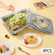 4 Piece Buffet Warmer Chafer Pan Buffet Tray With Lid Rectangular Chafing Dish Set Heat Container Food Warmer, For Schools, Buffet Restaurants Silver