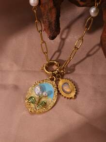 1pc Stainless Steel O-Shape NK Spring Clasp Small Flower Pendant Necklace, Suitable For Dating, Party, And Office Wear
