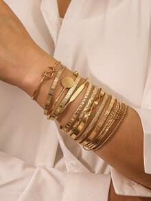 Set de 12/7 piezas de pulseras apilables de mujer con estilo bohemio fashionable, pulsera brazaletes abiertos con formas geométricas y de corazón, joyería elegante para usar todo el año que elevará tu look, adecuada para uso diario o fiesta, gran regalo para chicas - Dorado - Ver 9