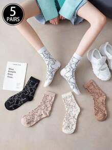 5 Pares (Cores/Padrões Aleatórios) Meias de Bezerro para Mulheres no Estilo Countryside com Desenho de Gato, Coelho Azul e Flor, Fofas e Confortáveis, Novos Estilos