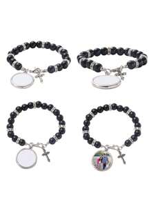 Pulseira personalizada com foto, Pulseira personalizada com foto redonda de pérolas, Pulseira colorida com foto redonda de pérolas, Ajustável, Presente de Natal vermelho da moda, Moda de outono, Casual, Minimalista