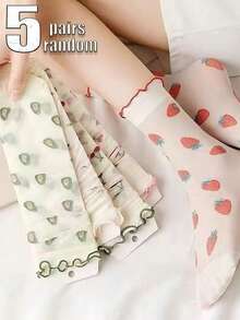 3/5 Pairs Assorted Strawberry & Mixed Fruit Pattern Casual Crew Socks, Versatile School Style - 36-39 - View 6